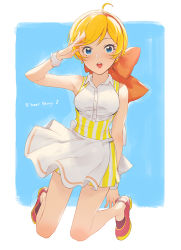 Rule 34 | 1girl, 8 beat story, apron, arm up, blonde hair, blue eyes, blush, bow, breasts, cleavage, dress, earrings, ekao, jewelry, kagura akari, kneeling, looking at viewer, navel, open mouth, smile, solo, swimsuit, waitress