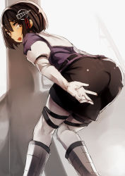 Rule 34 | 10s, 1girl, ass, bent over, black hair, brown eyes, from behind, genyaky, haguro (kancolle), hair ornament, highres, kantai collection, looking back, open mouth, pantyhose, short hair, skirt, solo, tears, uniform, white pantyhose