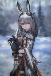 Rule 34 | 1girl, animal ears, arknights, black gloves, blurry, blurry background, brown eyes, closed mouth, cowboy shot, fingerless gloves, frostnova (arknights), gloves, grey hair, gumiaoandpeace, hair ornament, hair over one eye, hairclip, highres, holding, holding stuffed toy, looking at viewer, medium hair, rabbit ears, rabbit tail, solo, stuffed toy, tail