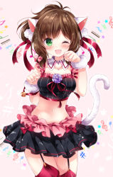Rule 34 | 10s, 1girl, ;d, animal ears, bass clef, bell, blush, brown hair, cat ears, cat tail, clenched hands, crop top, crotchet, detached collar, eyebrows, fang, flower, frilled skirt, frills, fur trim, garter straps, green eyes, hair ribbon, heart, idolmaster, idolmaster cinderella girls, legs together, looking at viewer, maekawa miku, midriff, minnie mouse, musical note, navel, nogi takayoshi, one eye closed, open mouth, paw pose, pink background, ponytail, purple flower, quaver, red ribbon, red thighhighs, ribbon, short hair, skirt, smile, solo, stomach, swept bangs, tail, thighhighs, treble clef, wrist cuffs