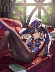 Rule 34 | 1girl, aliceblue, armpits, ass, black pantyhose, blush, book, bookshelf, breasts, cameltoe, cape, chair, commentary request, couch, detached sleeves, elbow gloves, fishnets, floral print, genshin impact, gloves, green eyes, hair ornament, hand on headwear, hat, highres, indoors, jewelry, leg up, leotard, long hair, looking at viewer, lying, medium breasts, mona (genshin impact), on back, pantyhose, purple hair, smile, solo, twintails, window, witch hat