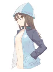 Rule 34 | 10s, 1girl, blue hat, blush, breasts, brown eyes, brown hair, cleavage, girls und panzer, hands in pockets, hat, highres, jacket, long hair, mika (girls und panzer), naked jacket, open clothes, open jacket, simple background, sketch, smile, solo, takahashi mugi, track jacket
