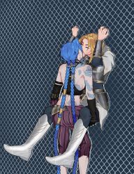 Rule 34 | 2girls, absurdres, arcane: league of legends, arcane jinx, arm tattoo, armor, ass, back tattoo, bare shoulders, black gloves, black pants, black shirt, blonde hair, blue hair, boots, braid, breasts, chain-link fence, closed eyes, cloud tattoo, crop top, facing another, fence, fingerless gloves, gloves, grey footwear, highres, jinx (league of legends), kiss, knee boots, league of legends, lifting person, long hair, long sleeves, lux (league of legends), medium breasts, multiple girls, pants, pink pants, shirt, shoulder tattoo, sideboob, striped clothes, striped pants, tattoo, twin braids, twintails, very long hair, watermark, wlw0nderland, yuri