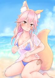Rule 34 | 10s, 1girl, :3, absurdres, animal ears, bad id, bad pixiv id, bikini, blue bikini, blush, breasts, cleavage, collarbone, fate/extra, fate/grand order, fate (series), fox ears, fox tail, highres, large breasts, looking at viewer, navel, ocean, pink hair, see-through, sitting, solo, sweat, swimsuit, tail, tamamo (fate), tamamo no mae (fate/extra), tamamo no mae (swimsuit lancer) (fate), yellow eyes
