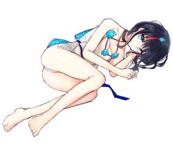 Rule 34 | 1girl, absurdres, artist request, bad id, bad pixiv id, bare shoulders, barefoot, black hair, blue eyes, blue ribbon, blush, breasts, closed mouth, collarbone, dress, fate/grand order, fate/requiem, fate (series), feet, fundoshi, highres, japanese clothes, jewelry, large breasts, legs, looking at viewer, lying, magatama, magatama hair ornament, medium hair, multicolored hair, necklace, on side, pelvic curtain, pink hair, ribbon, seigaiha, short dress, sideboob, sideless outfit, sleeveless, sleeveless dress, smile, streaked hair, thighs, utsumi erice, white dress