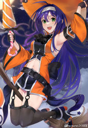 Rule 34 | 1girl, ahoge, armpits, ascot, belt, belt buckle, black ascot, black belt, black bow, black gloves, black thighhighs, bow, breasts, broom, broom riding, buckle, clothing cutout, cloud, commentary request, detached sleeves, fingerless gloves, fire emblem, fire emblem: path of radiance, fire emblem: radiant dawn, fire emblem heroes, garter straps, gloves, green eyes, hair between eyes, hairband, halloween, halloween costume, hand on headwear, haru (nakajou-28), hat, highres, holding, holding weapon, long hair, looking at viewer, medium breasts, mia (fire emblem), moon, navel, navel cutout, night, night sky, nintendo, official alternate costume, open mouth, orange headwear, outdoors, purple hair, sidelocks, sky, smile, solo, star (sky), teeth, thighhighs, tongue, twitter username, upper teeth only, very long hair, weapon, white hairband, witch, witch hat