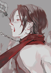Rule 34 | 10s, 1boy, brown hair, expressionless, grey background, kashuu kiyomitsu, makeup brush, nail polish, parted lips, profile, red eyes, red scarf, scarf, solo focus, subdue ezwei, touken ranbu, upper body