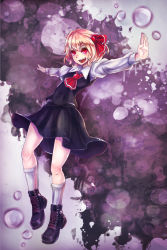 Rule 34 | &gt;:d, 1girl, :d, bad id, bad pixiv id, blonde hair, dai, dai (yamii), hair ribbon, highres, open mouth, outstretched arms, red eyes, ribbon, rumia, shirt, short hair, skirt, smile, solo, spread arms, touhou, v-shaped eyebrows, vest