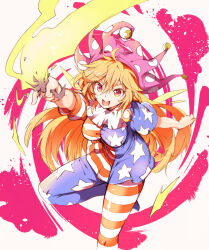 Rule 34 | 1girl, absurdres, american flag dress, american flag legwear, blonde hair, breasts, clownpiece, dress, fire, hat, highres, holding, holding torch, ichizen (o tori), jester cap, large breasts, long hair, pantyhose, polka dot, polka dot headwear, purple hat, red eyes, short dress, simple background, smile, solo, star (symbol), star print, striped clothes, torch, touhou, very long hair, white background