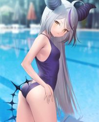 Rule 34 | 1girl, :&lt;, ahoge, ass, closed mouth, hololive, holox, horns, la+ darknesss, long hair, looking at viewer, looking back, one-piece swimsuit, petite, pointy ears, pool, school swimsuit, swimsuit, thighs, virtual youtuber, white hair, yellow eyes