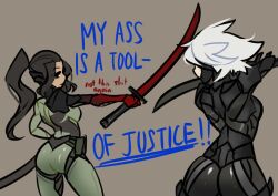 Rule 34 | 2girls, absurdres, armor, ass, black hair, centurii-chan (artist), commentary, cyborg, english commentary, fighting stance, genderswap, genderswap (mtf), grey background, highres, holding, holding sword, holding weapon, katana, long hair, looking at another, mechanical arms, mechanical parts, metal gear (series), metal gear rising: revengeance, multiple girls, power armor, profanity, raiden (metal gear), samuel rodrigues, short hair, sidelocks, simple background, sword, weapon, white hair