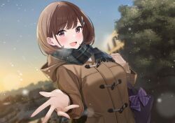 1girl :d azuki_yui bag black_scarf blurry blurry_background blush brown_coat brown_hair building city coat commentary_request highres long_hair looking_at_viewer morning open_mouth original outdoors outstretched_arm plaid_clothes plaid_scarf scarf school_bag school_uniform sky smile snowing solo tree winter