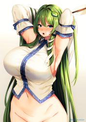 Rule 34 | 1girl, armpits, arms up, artist name, bare shoulders, blue eyes, blush, bottomless, breasts, commentary request, detached sleeves, frog hair ornament, gradient background, green hair, grey background, groin, hair between eyes, hair intakes, hair ornament, huge breasts, kochiya sanae, long hair, looking at viewer, marota, navel, nose blush, open mouth, out-of-frame censoring, partial commentary, shirt, solo, touhou, twitter username, upper body, very long hair, white background, white shirt
