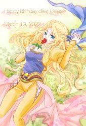 Rule 34 | 1girl, amano yoshitaka design, blonde hair, blue eyes, blue ribbon, blue scarf, blue shirt, breasts, cape, celes chere, cleavage, cowboy shot, dated, final fantasy, final fantasy vi, flower, ginshachi, hair ribbon, happy birthday, highres, hip vent, holding, holding flower, jacket, juliet sleeves, lace-up legwear, long hair, long sleeves, looking at viewer, lying, medium breasts, on back, on ground, outdoors, pants, parted bangs, pink cape, puffy sleeves, red flower, red rose, ribbon, rose, scarf, shirt, solo, square enix, waist cape, yellow jacket, yellow pants