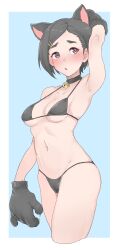 Rule 34 | 1girl, absurdres, animal ears, animal hands, arm up, armpits, averting eyes, bare shoulders, bell, bikini, black bikini, black choker, black gloves, black hair, blue background, blush, breasts, cat ears, cat paws, choker, cleavage, collarbone, cowboy shot, cropped legs, fake animal ears, fur gloves, gloves, grid background, hair ornament, hairclip, highres, idolmaster, idolmaster cinderella girls, idolmaster cinderella girls starlight stage, jingle bell, matsuo chizuru, medium breasts, navel, neck bell, open mouth, outside border, purple eyes, short hair, shy, sideboob, simple background, solo, swimsuit, thick eyebrows, two-tone background, underboob, wasabijoyu76, white background