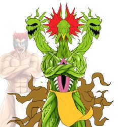 Rule 34 | 2boys, abs, absurdres, artist request, blindfold, crossed arms, digimon, digimon (creature), facial hair, fundoshi, gankoomon, highres, hydramon, japanese clothes, looking at viewer, multiple boys, muscular, mustache, pectorals, plant, red hair, sharp teeth, simple background, smile, teeth, yellow eyes