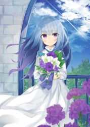 Rule 34 | 1girl, blush, bouquet, closed mouth, day, flower, grey hair, highres, holding, holding bouquet, kavka, long sleeves, looking at viewer, multicolored hair, original, outdoors, purple eyes, purple hair, sky, smile, solo