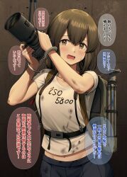 Rule 34 | 1girl, absurdres, backpack, bag, black eyes, black hair, blue skirt, braid, camera, clothes writing, commentary, cowboy shot, cuffs, hair between eyes, handcuffs, highres, ichikawa feesu, isonami (kancolle), kantai collection, long hair, navel, official alternate costume, open mouth, pleated skirt, sidelocks, skirt, solo, translation request, tripod, twin braids