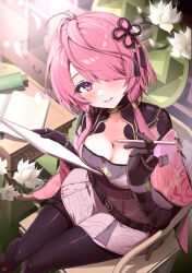 Rule 34 | 1girl, absurdres, ahoge, armpit cutout, belt, black gloves, black pantyhose, breasts, chair, cleavage, clothing cutout, elbow gloves, flower, flower knot, gloves, gold trim, grin, hair ornament, hair over one eye, highres, holding, holding paper, holding pen, looking at viewer, loose belt, medium breasts, miniskirt, pantyhose, paper, pen, pink hair, purple eyes, short hair with long locks, sitting, skirt, smile, solo, taoqi (wuthering waves), tassel, tassel hair ornament, tate yukimi, white flower, white skirt, wuthering waves
