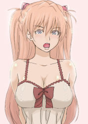 Rule 34 | 1girl, alternate breast size, ao madoushi, arms behind back, blue eyes, breasts, cleavage, female focus, large breasts, long hair, looking at viewer, neon genesis evangelion, open mouth, orange hair, solo, souryuu asuka langley