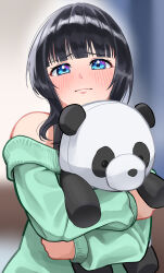 Rule 34 | 1girl, asaka karin, black hair, blue eyes, blunt bangs, blurry, blurry background, blush, closed mouth, commentary request, furrowed brow, green sweater, highres, holding, holding stuffed toy, hugging doll, hugging object, indoors, long sleeves, looking at viewer, love live!, love live! nijigasaki high school idol club, medium hair, off shoulder, solo, stuffed animal, stuffed panda, stuffed toy, sweater, tanaka yaku, upper body