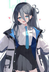 Rule 34 | 1girl, absurdly long hair, aris (blue archive), azuuru, black hair, black skirt, blue archive, blue eyes, blue necktie, blush, collared shirt, cowboy shot, green halo, halo, heart, highres, jacket, long hair, long sleeves, necktie, open clothes, open jacket, open mouth, pleated skirt, ringed eyes, shirt, simple background, skirt, smile, solo, two-sided fabric, two-sided jacket, very long hair, white background, white shirt