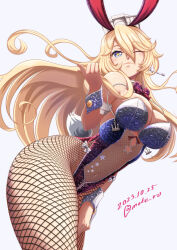 Rule 34 | 1girl, alternate costume, anchor ornament, animal ears, blonde hair, blue eyes, bow, bowtie, breasts, dated, detached collar, fishnet pantyhose, fishnets, from below, headgear, iowa (kancolle), kantai collection, large breasts, leotard, moke ro, one eye closed, pantyhose, playboy bunny, rabbit ears, rabbit tail, red bow, red bowtie, simple background, solo, star-shaped pupils, star (symbol), symbol-shaped pupils, tail, twitter username, two-tone leotard, white background, wrist cuffs