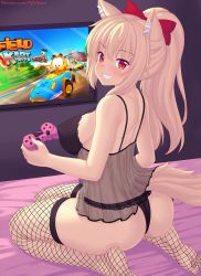Rule 34 | 1girl, animal ear fluff, animal ears, ass, babydoll, black panties, blonde hair, breasts, cat ears, cat tail, controller, fishnet thighhighs, fishnets, from behind, game controller, highres, kneeling, large breasts, long hair, looking at viewer, looking back, nottytiffy, original, panties, patreon username, red eyes, slit pupils, smile, solo, tail, thighhighs, tiffy (nottytiffy), underwear, watermark, web address