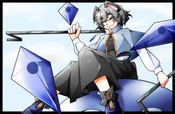 Rule 34 | 1girl, animal ears, aoinu01, black border, blue capelet, blue footwear, border, breasts, capelet, closed mouth, commentary request, crystal, dowsing rod, full body, grey hair, grey skirt, grey vest, highres, holding, jewelry, layered clothes, long sleeves, looking at viewer, medium breasts, mouse ears, mouse girl, nazrin, outside border, pendant, red eyes, shirt, shoes, short hair, skirt, skirt set, smile, smug, socks, solo, touhou, ufo, vest, white shirt