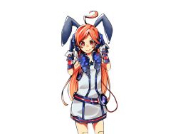 Rule 34 | ahoge, animal ears, animated, animated gif, belt, blinking, dress, gloves, headphones, headset, itamidome, itamitome, long hair, rabbit ears, red eyes, red hair, sf-a2 miki, simple background, solo, star (symbol), striped clothes, striped gloves, vocaloid, wrist cuffs
