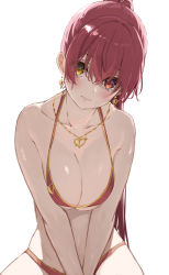 Rule 34 | 1girl, bare shoulders, bikini, blush, breasts, cleavage, closed mouth, collarbone, earrings, hair between eyes, halterneck, heart, heart earrings, heart necklace, heterochromia, highres, hololive, houshou marine, houshou marine (summer), icehotmilktea, jewelry, large breasts, lips, long hair, looking at viewer, necklace, ponytail, red bikini, red eyes, red hair, simple background, solo, swimsuit, v arms, virtual youtuber, white background, yellow eyes