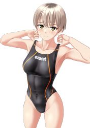 Rule 34 | 1girl, absurdres, adjusting clothes, adjusting swimsuit, black one-piece swimsuit, breasts, collarbone, commentary request, covered navel, cowboy shot, green eyes, grey hair, highres, medium breasts, one-piece swimsuit, original, short hair, simple background, solo, standing, swimsuit, takafumi, white background