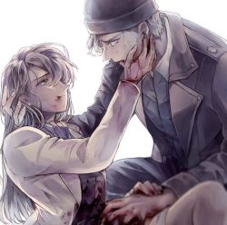 Rule 34 | 1boy, 1girl, akai shuuichi, bad id, bad pixiv id, beanie, blood, blood on face, blood on hands, collared shirt, commentary, earrings, hand on another&#039;s cheek, hand on another&#039;s face, hat, jacket, jewelry, long hair, looking at another, meitantei conan, miyano akemi, momozono rilulu, pearl earrings, shirt, sitting, white background
