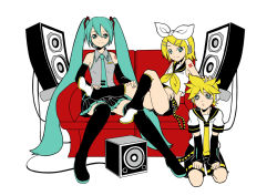 Rule 34 | 1boy, 2girls, aqua hair, brother and sister, couch, hatsune miku, kagamine len, kagamine rin, multiple girls, siblings, tears, thighhighs, tonbo, twins, vocaloid