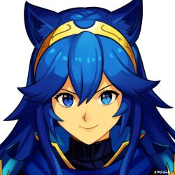 Rule 34 | 1girl, animal ears, artist name, blue eyes, blue hair, brand of the exalt, cat ears, closed mouth, commentary, english commentary, fire emblem, fire emblem awakening, hair between eyes, highres, long hair, looking at viewer, lucina (fire emblem), nintendo, sidelocks, smgold, smile, solo, symbol in eye, tiara, turtleneck, upper body, white background