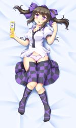 Rule 34 | 1girl, black hair, blush, bow, bow panties, breasts, cellphone, checkered clothes, checkered skirt, clothes pull, dakimakura (medium), full body, hair bow, hat, himekaidou hatate, isaki (gomi), looking at viewer, lying, necktie, on back, open clothes, open mouth, open skirt, panties, phone, pink panties, puffy short sleeves, puffy sleeves, purple eyes, recursion, shirt, short sleeves, skirt, skirt pull, solo, tokin hat, touhou, twintails, underwear