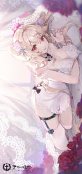 Rule 34 | 1girl, azur lane, bare shoulders, black bow, blonde hair, blurry, blurry foreground, blush, bow, bowtie, breast hold, breasts, character request, cleavage, curtains, dress, english text, flower, garter belt, hair flower, hair ornament, highres, jewelry, large breasts, light, light particles, long hair, looking at viewer, lying, official art, on bed, on side, open mouth, pillow, pink flower, pink rose, red eyes, red flower, red rose, rose, smile, solo, teeth, thighhighs, ttosom, white dress, white thighhighs