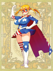 Rule 34 | 1girl, american flag dress, american flag legwear, asymmetrical legwear, blonde hair, boots, breasts, cape, character request, choker, cleavage, clenched hand, clothing cutout, covered erect nipples, dress, full body, gloves, hand on own hip, large breasts, long hair, mask, mismatched legwear, navel cutout, official art, psychic hearts, ryoji (nomura ryouji), short dress, skirt, solo, star (symbol), star cutout, star print, thighhighs, twintails, white gloves