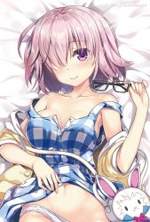 Rule 34 | 1girl, :&lt;, bag, bare shoulders, bed, black-framed eyewear, blush, breasts, buttons, casual, checkered clothes, checkered dress, cleavage, closed mouth, collarbone, commentary request, dress, unworn eyewear, fate/grand order, fate (series), fujima takuya, glasses, gloves, groin, hair over one eye, hand on own stomach, handbag, head tilt, holding, holding removed eyewear, jacket, jpeg artifacts, long sleeves, looking at viewer, lying, mash kyrielight, mash kyrielight (senpai killer outfit), medium breasts, navel, no bra, official alternate costume, on back, open clothes, open jacket, panties, panty pull, pink eyes, pink hair, purple eyes, short hair, sleeveless, sleeveless dress, smile, solo, stomach, strap slip, twitter username, unbuttoned, underwear, watermark, white gloves, white panties, yellow jacket