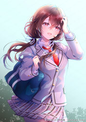 Rule 34 | 1girl, bag, blazer, blue bag, breast pocket, brown eyes, brown hair, buttons, collared shirt, commission, copyright notice, grey jacket, grey skirt, hair between eyes, hair ribbon, highres, indie virtual youtuber, jacket, katanashi nanashi, long hair, long sleeves, low twintails, morning, multicolored clothes, multicolored skirt, necktie, open mouth, plaid, plaid skirt, pleated skirt, pocket, red necktie, ribbon, school bag, school uniform, shirt, skeb commission, skirt, solo, takahata fuuka, twintails, twitter username, virtual youtuber, white ribbon, white shirt