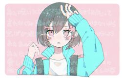 Rule 34 | 1girl, arm up, black hair, blue jacket, blush, border, bow, cevio, commentary request, cropped torso, flower, furrowed brow, hair bow, hair flower, hair ornament, hands up, jacket, kiriseband, kurari-chan (iyowa), kyu-kurarin (cevio), light frown, long sleeves, looking up, lyrics, multiple hair bows, open clothes, open jacket, outside border, parted lips, pink background, pink bow, pink eyes, pink flower, pink hair, shirt, short hair, shoulder strap, simple background, solo, track jacket, translation request, upper body, white border, white shirt