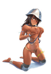 Rule 34 | 10s, 1girl, alternate skin color, armpits, barefoot, blue hat, blush, breast hold, breasts, brown eyes, brown hair, dark-skinned female, dark skin, feet, full body, fundoshi, girls und panzer, groin, hat, highres, hip focus, huge breasts, inverted nipples, japanese clothes, knee pads, kneeling, lactation, legs, looking at viewer, mika (girls und panzer), navel, nipples, one eye closed, pussy, simple background, smile, solo, tan, thighs, torn clothes, torn hat, wa (genryusui), white background