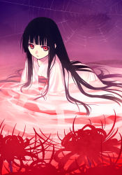 Rule 34 | 00s, 1girl, all fours, black hair, blunt bangs, enma ai, flower, futaba jun, hime cut, japanese clothes, jigoku shoujo, long hair, red eyes, silk, solo, spider lily, spider web, water