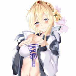 Rule 34 | 1girl, aria (schwarza97rw0rd), bare shoulders, bikini, blonde hair, blue eyes, blue ribbon, blush, breasts, closed mouth, collarbone, europa (granblue fantasy), flower, granblue fantasy, hair flower, hair ornament, highres, jacket, large breasts, looking at viewer, navel, open clothes, open jacket, ribbon, short hair, simple background, smile, solo, swimsuit, tiara, upper body, white background, white bikini