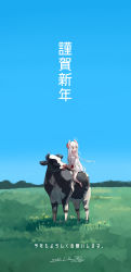 Rule 34 | 1girl, absurdres, animal, barefoot, blue eyes, chinese zodiac, cow, dated, day, detached sleeves, grass, hair between eyes, highres, horns, japanese clothes, long hair, long sleeves, new year, original, outdoors, ribbon-trimmed sleeves, ribbon trim, sarashi, signature, sky, umino hotate, white hair, wide sleeves, year of the ox