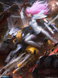 Rule 34 | 1girl, bad deviantart id, bad id, battle, blue eyes, breasts, building, cape, chaos drive, cityscape, explosion, flying, gun, handgun, judith (chaos drive), kilart, long hair, mecha, missile, motion blur, pink hair, realistic, robot, rocket launcher, science fiction, standing on shoulder, weapon