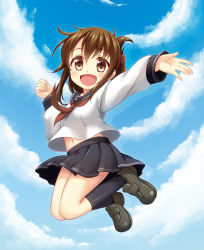 Rule 34 | 10s, 1girl, :d, blush, brown eyes, brown hair, cloud, day, folded ponytail, inazuma (kancolle), kantai collection, kneehighs, naoharu (re barna), open mouth, personification, pleated skirt, school uniform, serafuku, skirt, sky, smile, socks, solo