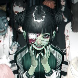 Rule 34 | 1boy, 5girls, black eyes, black hair, black jacket, blood, blood on clothes, blunt bangs, blurry, blurry background, braces, colored skin, daikon (tomohiro158), double bun, earrings, eyepatch, fingernails, grey skin, habit, hair bun, hands on own cheeks, hands on own face, highres, horror (theme), jacket, jewelry, long hair, long sleeves, looking at viewer, looking away, medical eyepatch, multiple girls, nail polish, one eye covered, open mouth, original, pumpkin hat, short hair, smile, solo focus, stitched face, stitches, striped clothes, striped jacket, teeth, upper body, white stripes, zombie