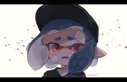 Rule 34 | aqua hair, bandaid, bandaid on face, black headwear, close-up, crying, crying with eyes open, dust, fang, grey jacket, hat, highres, inkling, inkling girl, inkling player character, jacket, nintendo, pink eyes, pointy ears, sahata saba, shirt, short hair, splatoon (series), tears, tentacle hair, white background, white shirt, wind
