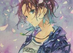 Rule 34 | 1girl, asakura toru, blue background, blue eyes, blue hair, blue jacket, collarbone, commentary, earrings, falling petals, gradient hair, highres, idolmaster, idolmaster shiny colors, jacket, jewelry, ji n gu, looking at viewer, multicolored hair, necklace, open clothes, open jacket, painting (medium), parted lips, petals, purple hair, shirt, short hair, solo, traditional media, two-tone hair, upper body, watercolor (medium), white shirt